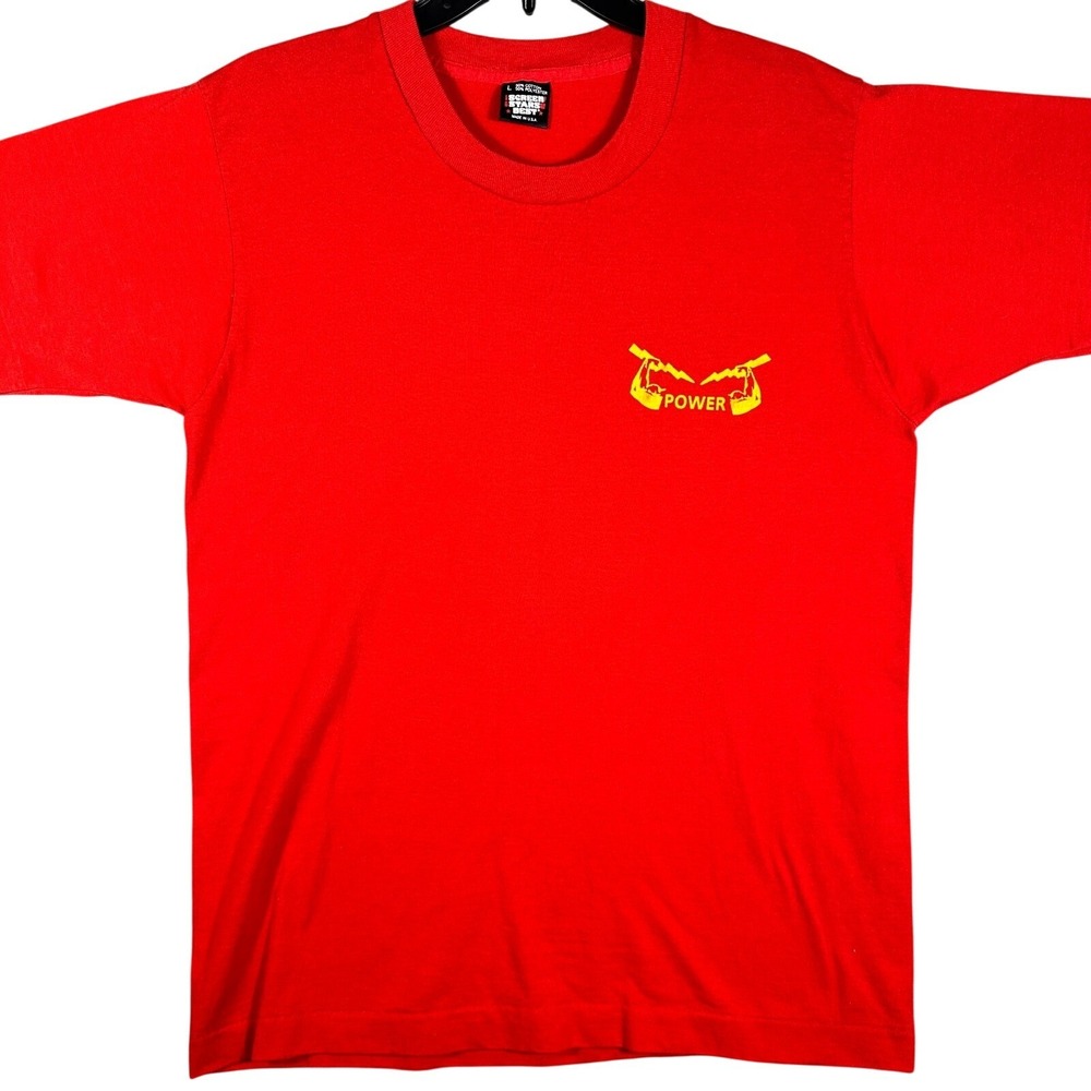VINTAGE 80s Screen Stars Best T-Shirt Mens L Red Single Stitch Power Graphic USA